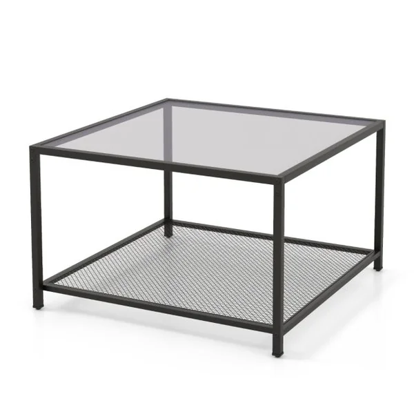 Table Basse Carrée en Verre Trempé 2 Niveaux Étagère en Maille Cadre en Métal Pieds Réglables Transparent+noir