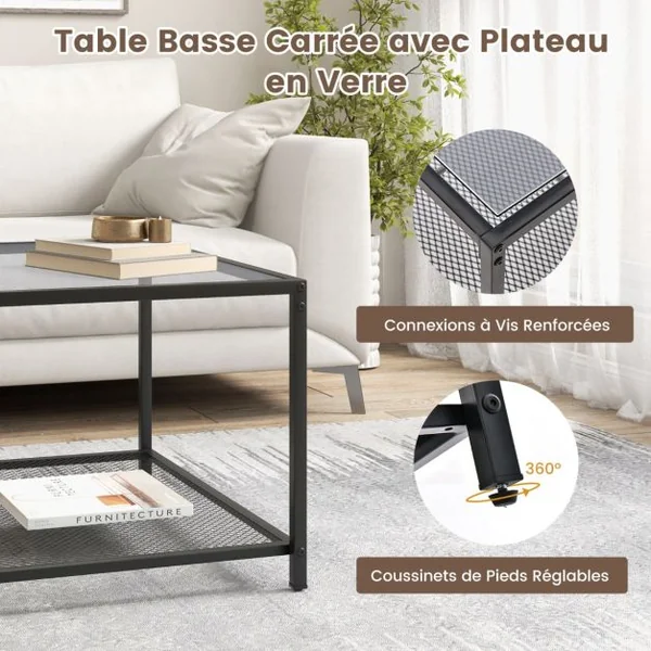 Table Basse Carrée en Verre Trempé 2 Niveaux Étagère en Maille Cadre en Métal Pieds Réglables Transparent+noir