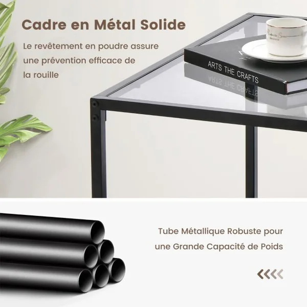 Table Basse Carrée en Verre Trempé 2 Niveaux Étagère en Maille Cadre en Métal Pieds Réglables Transparent+noir