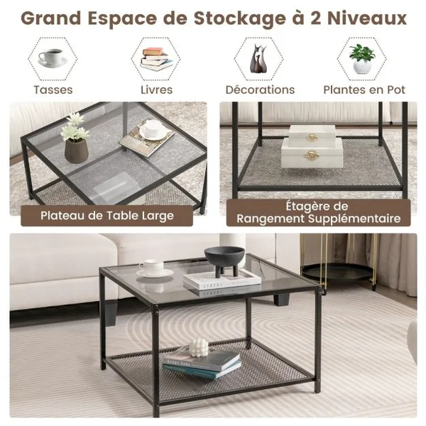 Table Basse Carrée en Verre Trempé 2 Niveaux Étagère en Maille Cadre en Métal Pieds Réglables Transparent+noir