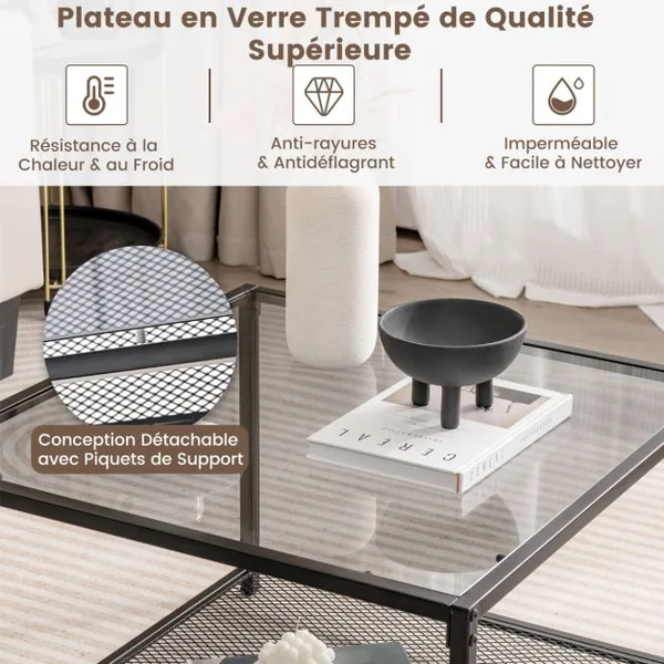 Table Basse Carrée en Verre Trempé 2 Niveaux Étagère en Maille Cadre en Métal Pieds Réglables Transparent+noir