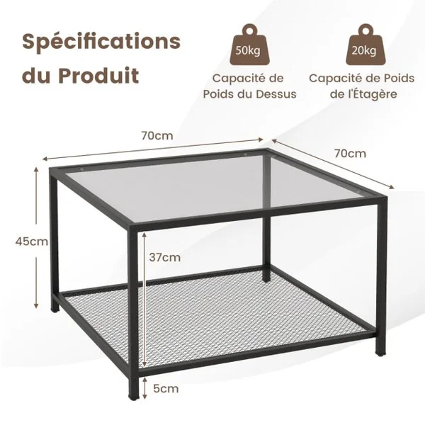 Table Basse Carrée en Verre Trempé 2 Niveaux Étagère en Maille Cadre en Métal Pieds Réglables Transparent+noir