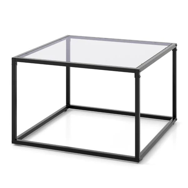 Table Basse Carrée en Verre Trempé Cadre en Métal Coussinets de Pieds Réglables Salon Salle de réception Gris+Noir