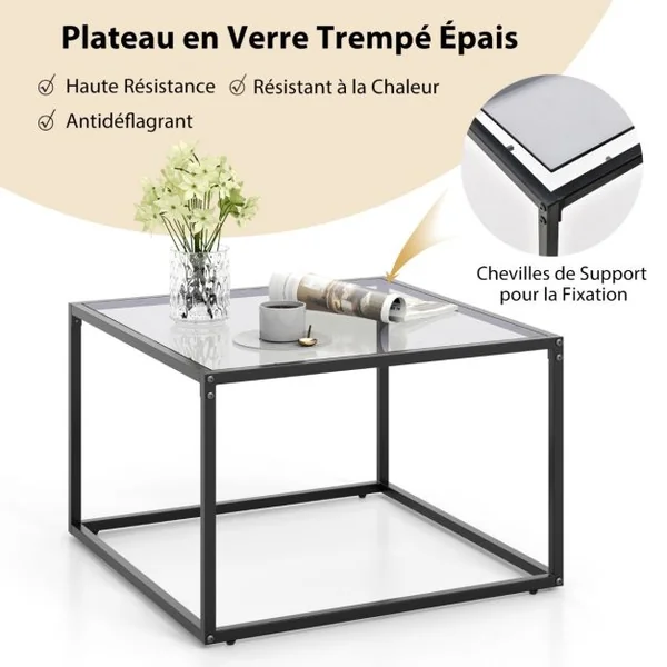 Table Basse Carrée en Verre Trempé Cadre en Métal Coussinets de Pieds Réglables Salon Salle de réception Gris+Noir