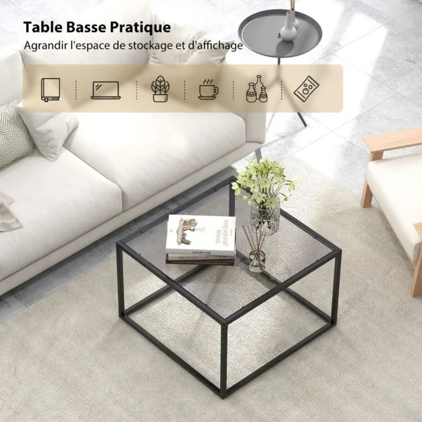 Table Basse Carrée en Verre Trempé Cadre en Métal Coussinets de Pieds Réglables Salon Salle de réception Gris+Noir