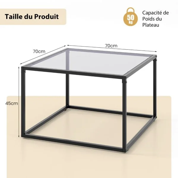 Table Basse Carrée en Verre Trempé Cadre en Métal Coussinets de Pieds Réglables Salon Salle de réception Gris+Noir