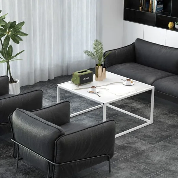 Table Basse Carrée Moderne avec Dessus de Table en Faux Marbre et Structure en Acier Blanc