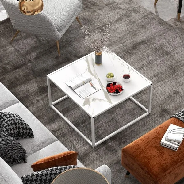 Table Basse Carrée Moderne avec Dessus de Table en Faux Marbre et Structure en Acier Blanc