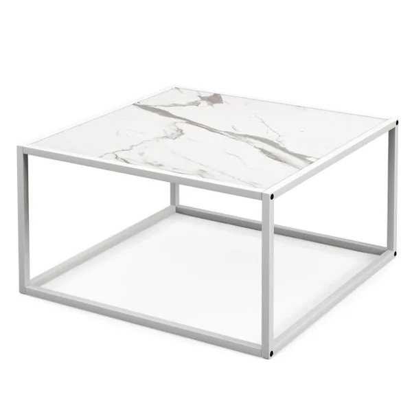 Table Basse Carrée Moderne avec Dessus de Table en Faux Marbre et Structure en Acier Blanc