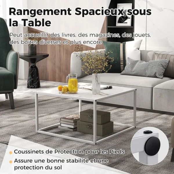 Table Basse Carrée Moderne avec Dessus de Table en Faux Marbre et Structure en Acier Blanc