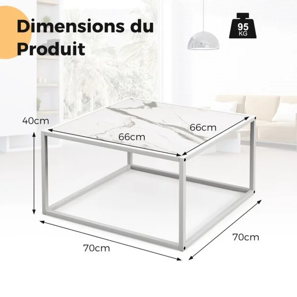Table Basse Carrée Moderne avec Dessus de Table en Faux Marbre et Structure en Acier Blanc