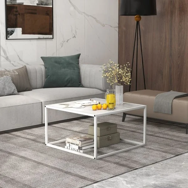 Table Basse Carrée Moderne avec Dessus de Table en Faux Marbre et Structure en Acier Blanc/Noir