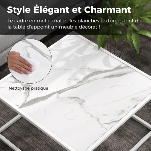 Table Basse Carrée Moderne avec Dessus de Table en Faux Marbre et Structure en Acier Blanc/Noir