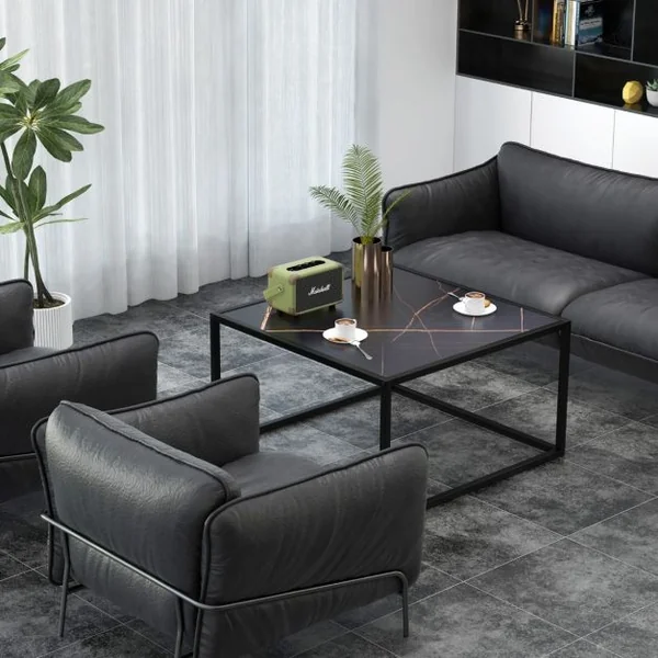Table Basse Carrée Moderne avec Dessus de Table en Faux Marbre et Structure en Acier Noir