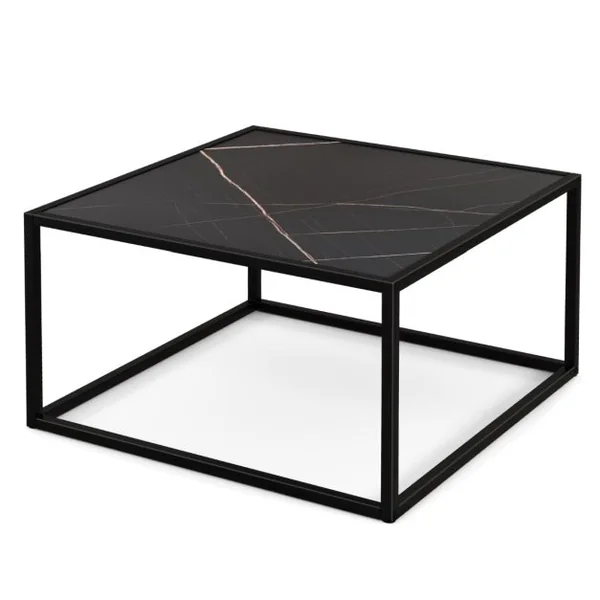 Table Basse Carrée Moderne avec Dessus de Table en Faux Marbre et Structure en Acier Noir