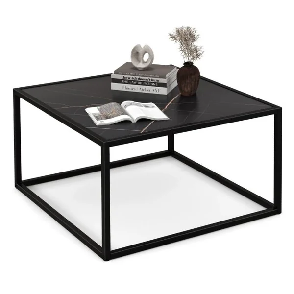 Table Basse Carrée Moderne avec Dessus de Table en Faux Marbre et Structure en Acier Noir