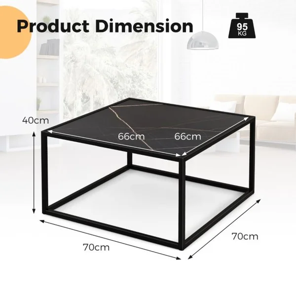 Table Basse Carrée Moderne avec Dessus de Table en Faux Marbre et Structure en Acier Noir