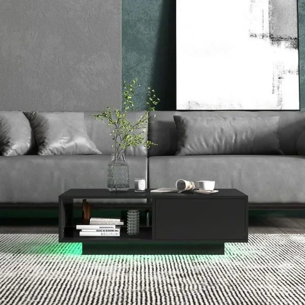 Table Basse Contemporain avec lumières LED 20 Couleurs 95x55x31 CM Table de Salon avec Grand Tiroir et Compartiment Blanc/Noir