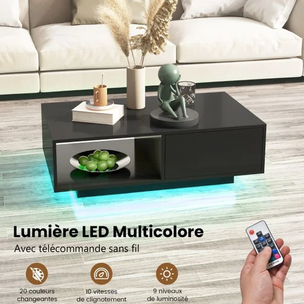 Table Basse Contemporain avec lumières LED 20 Couleurs 95x55x31 CM Table de Salon avec Grand Tiroir et Compartiment Blanc/Noir