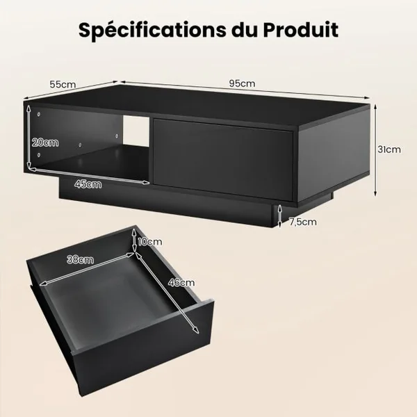 Table Basse Contemporain avec lumières LED 20 Couleurs 95x55x31 CM Table de Salon avec Grand Tiroir et Compartiment Blanc/Noir