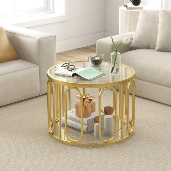 Table Basse de 60,5 cm Transformable en Multiples Apparitions Table à 2 Niveaux Plateau en Verre Trempé Supports Pivotants Or