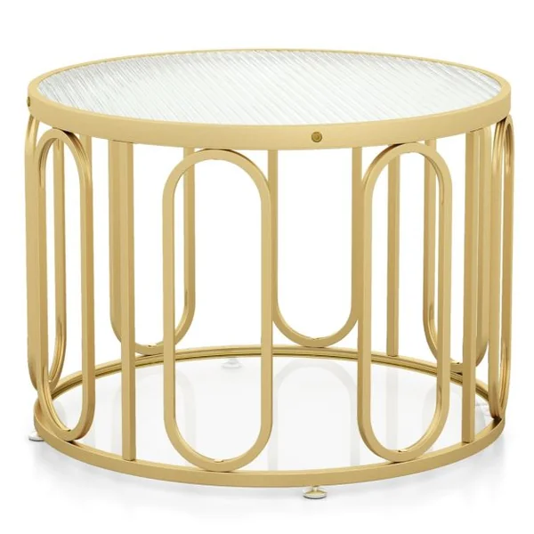 Table Basse de 60,5 cm Transformable en Multiples Apparitions Table à 2 Niveaux Plateau en Verre Trempé Supports Pivotants Or