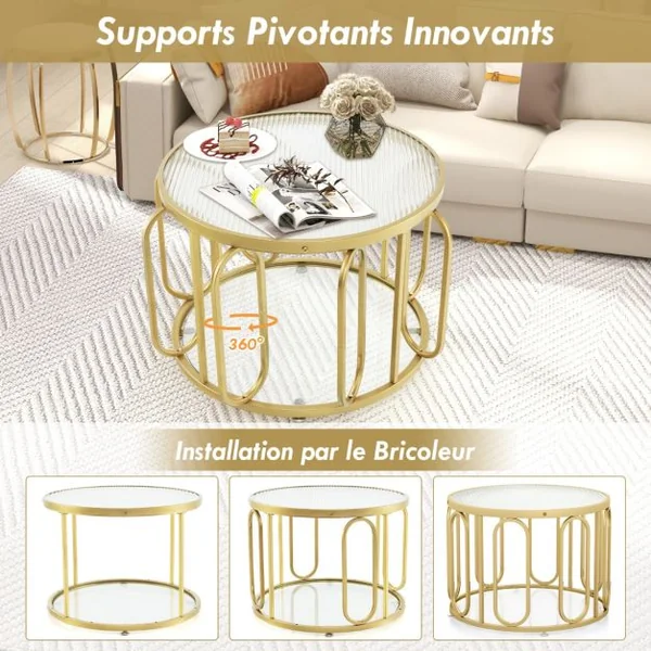 Table Basse de 60,5 cm Transformable en Multiples Apparitions Table à 2 Niveaux Plateau en Verre Trempé Supports Pivotants Or