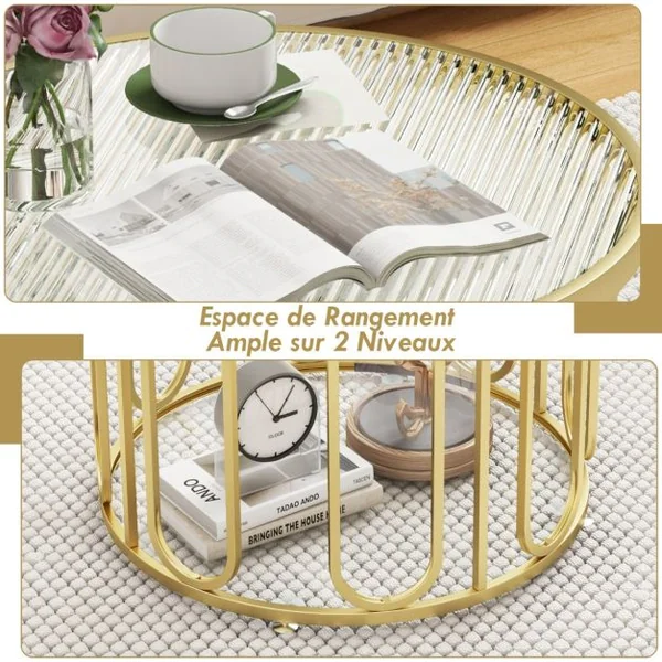 Table Basse de 60,5 cm Transformable en Multiples Apparitions Table à 2 Niveaux Plateau en Verre Trempé Supports Pivotants Or