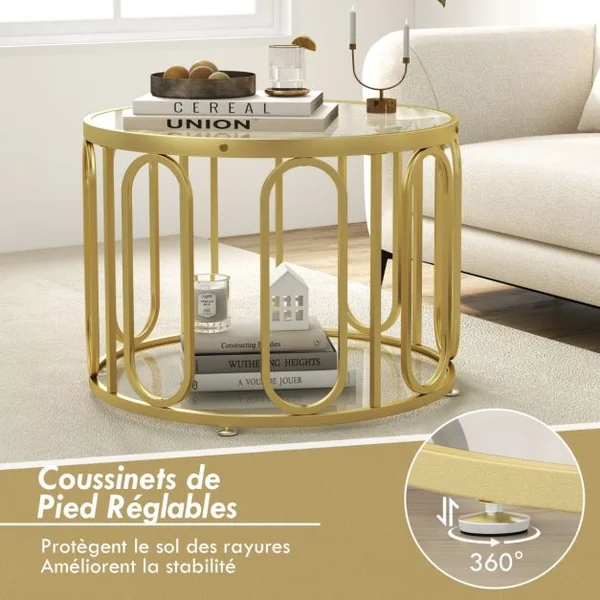 Table Basse de 60,5 cm Transformable en Multiples Apparitions Table à 2 Niveaux Plateau en Verre Trempé Supports Pivotants Or
