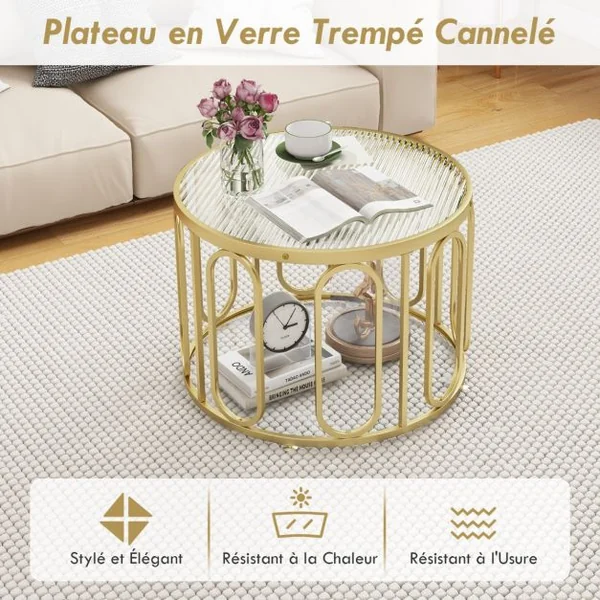 Table Basse de 60,5 cm Transformable en Multiples Apparitions Table à 2 Niveaux Plateau en Verre Trempé Supports Pivotants Or