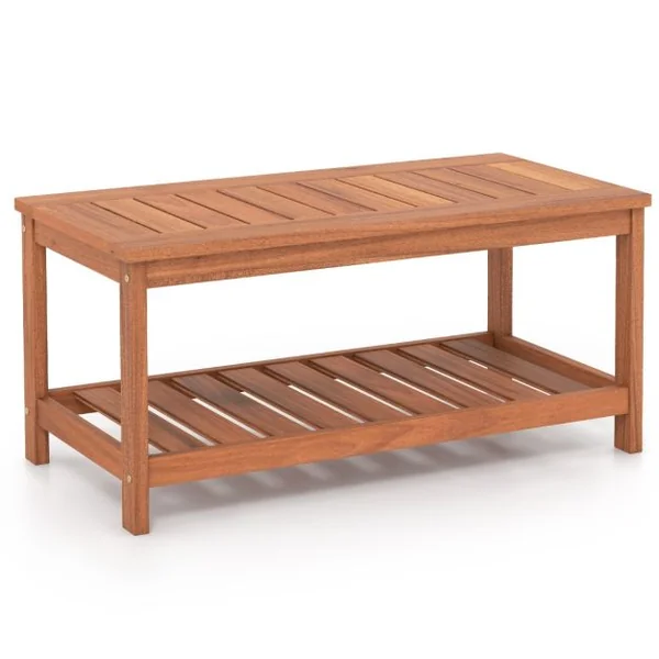 Table Basse de Jardin 2 Niveaux en Bois Massif Plateau et Étagère à Lattes Grain de Bois Naturel Intérieur et Extérieur