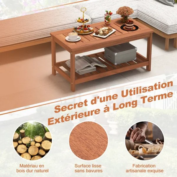 Table Basse de Jardin 2 Niveaux en Bois Massif Plateau et Étagère à Lattes Grain de Bois Naturel Intérieur et Extérieur