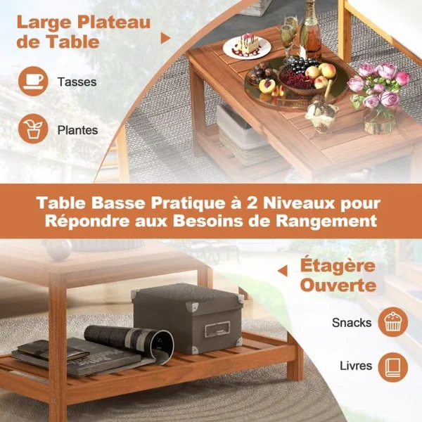Table Basse de Jardin 2 Niveaux en Bois Massif Plateau et Étagère à Lattes Grain de Bois Naturel Intérieur et Extérieur