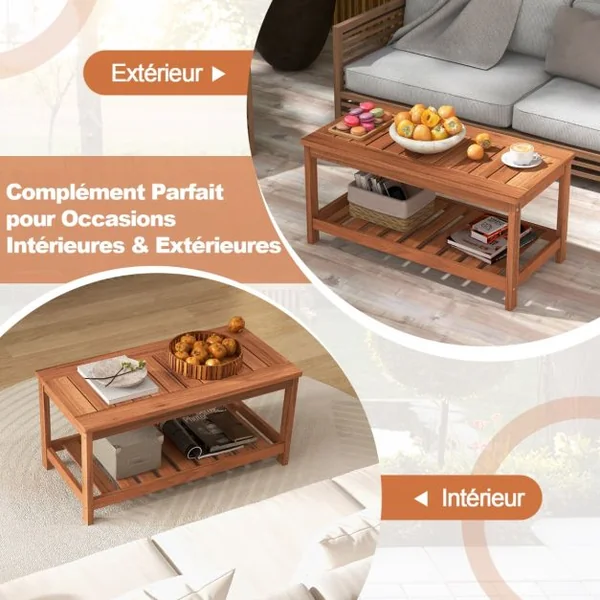 Table Basse de Jardin 2 Niveaux en Bois Massif Plateau et Étagère à Lattes Grain de Bois Naturel Intérieur et Extérieur