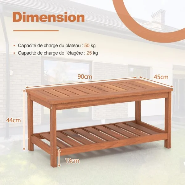 Table Basse de Jardin 2 Niveaux en Bois Massif Plateau et Étagère à Lattes Grain de Bois Naturel Intérieur et Extérieur
