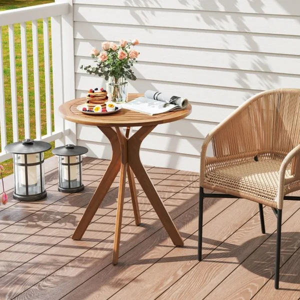 Table Basse de Jardin en Bois d'Acacia Plateau à Lattes Base en Croix Charge 50KG Table d‘Extérieure Ronde en Bois