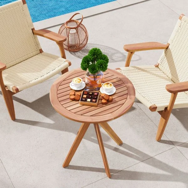 Table Basse de Jardin en Bois d'Acacia Plateau à Lattes Base en Croix Charge 50KG Table d‘Extérieure Ronde en Bois