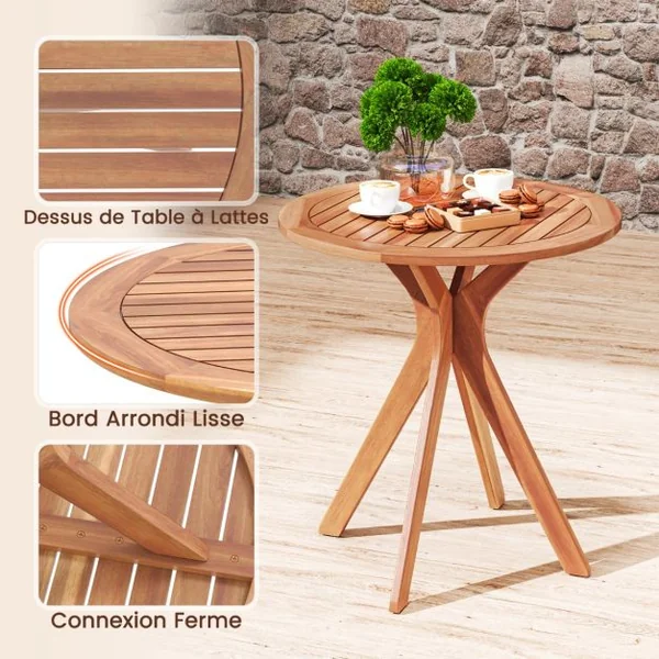 Table Basse de Jardin en Bois d'Acacia Plateau à Lattes Base en Croix Charge 50KG Table d‘Extérieure Ronde en Bois