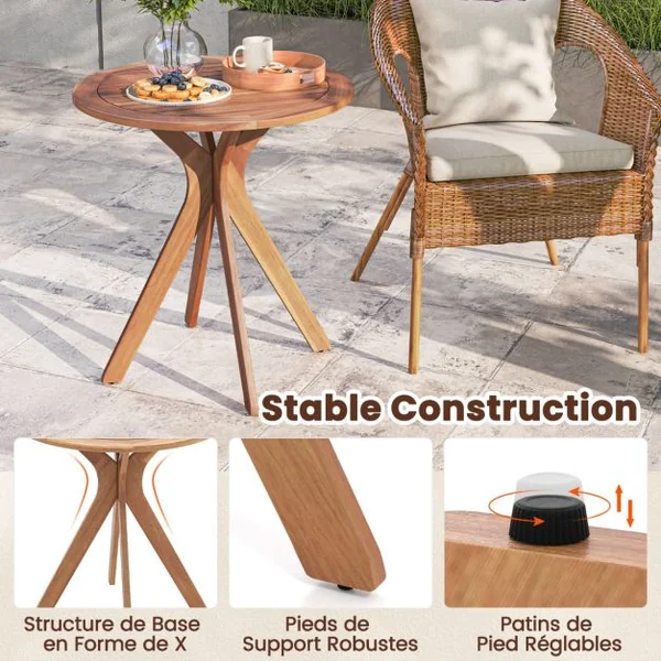 Table Basse de Jardin en Bois d'Acacia Plateau à Lattes Base en Croix Charge 50KG Table d‘Extérieure Ronde en Bois
