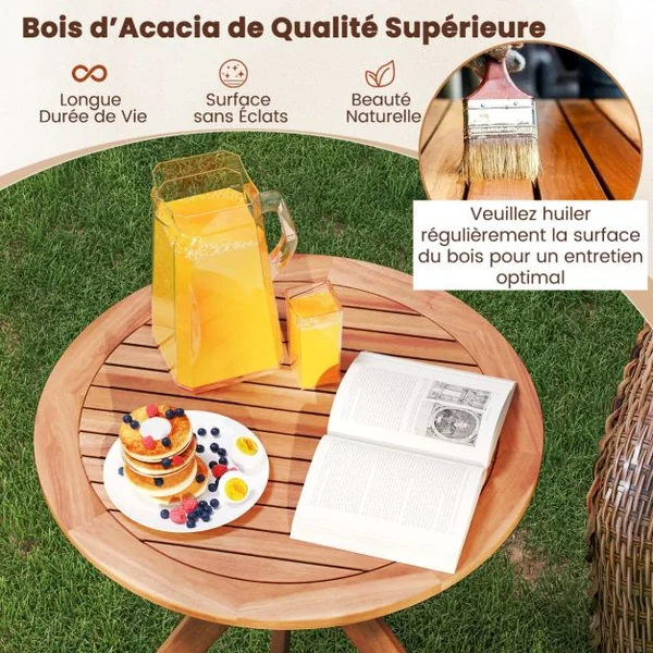 Table Basse de Jardin en Bois d'Acacia Plateau à Lattes Base en Croix Charge 50KG Table d‘Extérieure Ronde en Bois