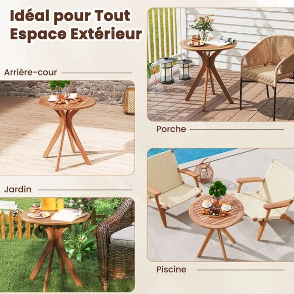 Table Basse de Jardin en Bois d'Acacia Plateau à Lattes Base en Croix Charge 50KG Table d‘Extérieure Ronde en Bois