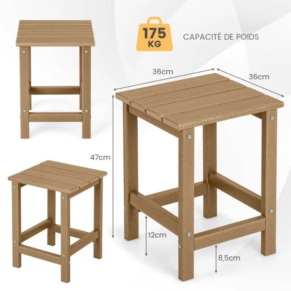 Table Basse de Jardin en HDPE L36 x P36 x H47 CM Anti-UV Charge max.:100 KG Table d’Appoint Intérieur Extérieur Marron/Blanc/Gris/Noir