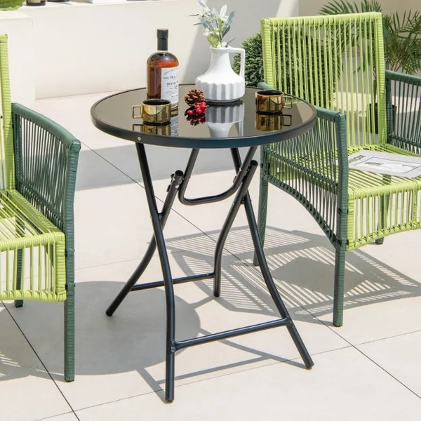 Table Basse de Jardin Pliante en Verre Trempé Cadre en Métal Dispositif de Fixation Table d'Appoint Extérieure Ronde Noir