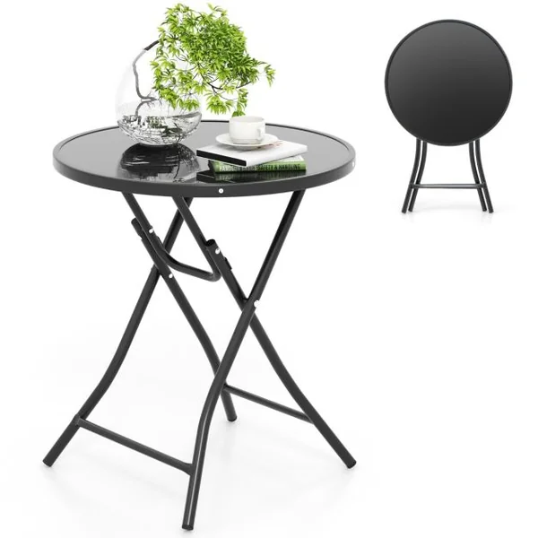 Table Basse de Jardin Pliante en Verre Trempé Cadre en Métal Dispositif de Fixation Table d'Appoint Extérieure Ronde Noir