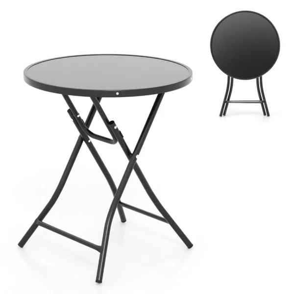 Table Basse de Jardin Pliante en Verre Trempé Cadre en Métal Dispositif de Fixation Table d'Appoint Extérieure Ronde Noir