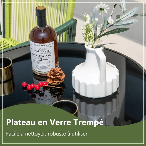 Table Basse de Jardin Pliante en Verre Trempé Cadre en Métal Dispositif de Fixation Table d'Appoint Extérieure Ronde Noir