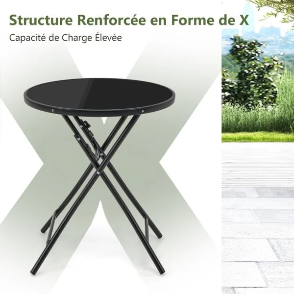 Table Basse de Jardin Pliante en Verre Trempé Cadre en Métal Dispositif de Fixation Table d'Appoint Extérieure Ronde Noir
