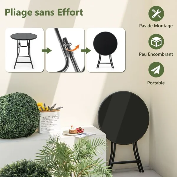Table Basse de Jardin Pliante en Verre Trempé Cadre en Métal Dispositif de Fixation Table d'Appoint Extérieure Ronde Noir