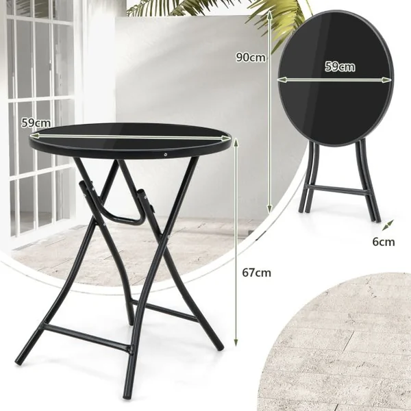 Table Basse de Jardin Pliante en Verre Trempé Cadre en Métal Dispositif de Fixation Table d'Appoint Extérieure Ronde Noir