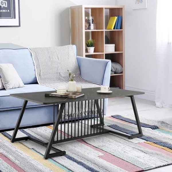 Table Basse Effet Marbré120 x 60 x 45,5 cm (L x l x H) Style Contemporaine Cadre en Acier Noir